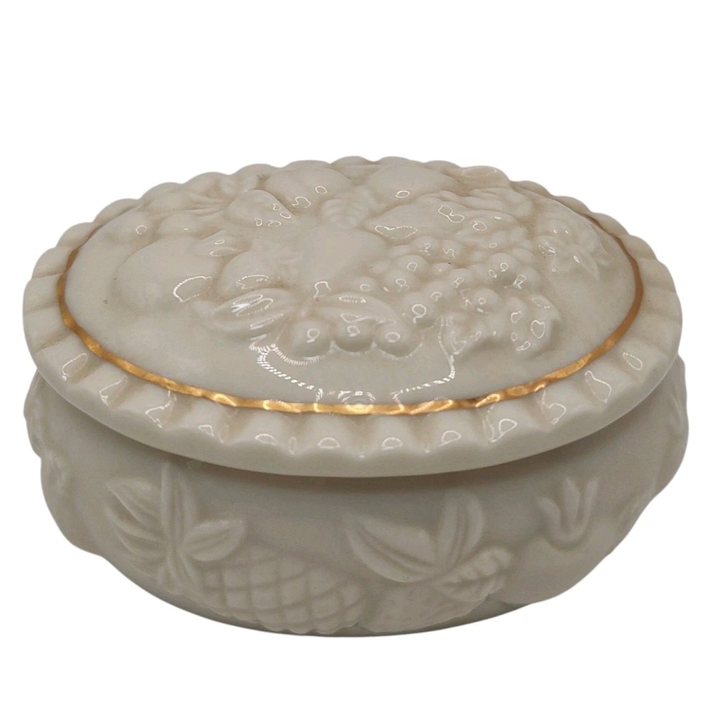 Vintage Lenox Cream Trinket Box Porcelain Fruit Pattern Gold Trim with Lid 1998